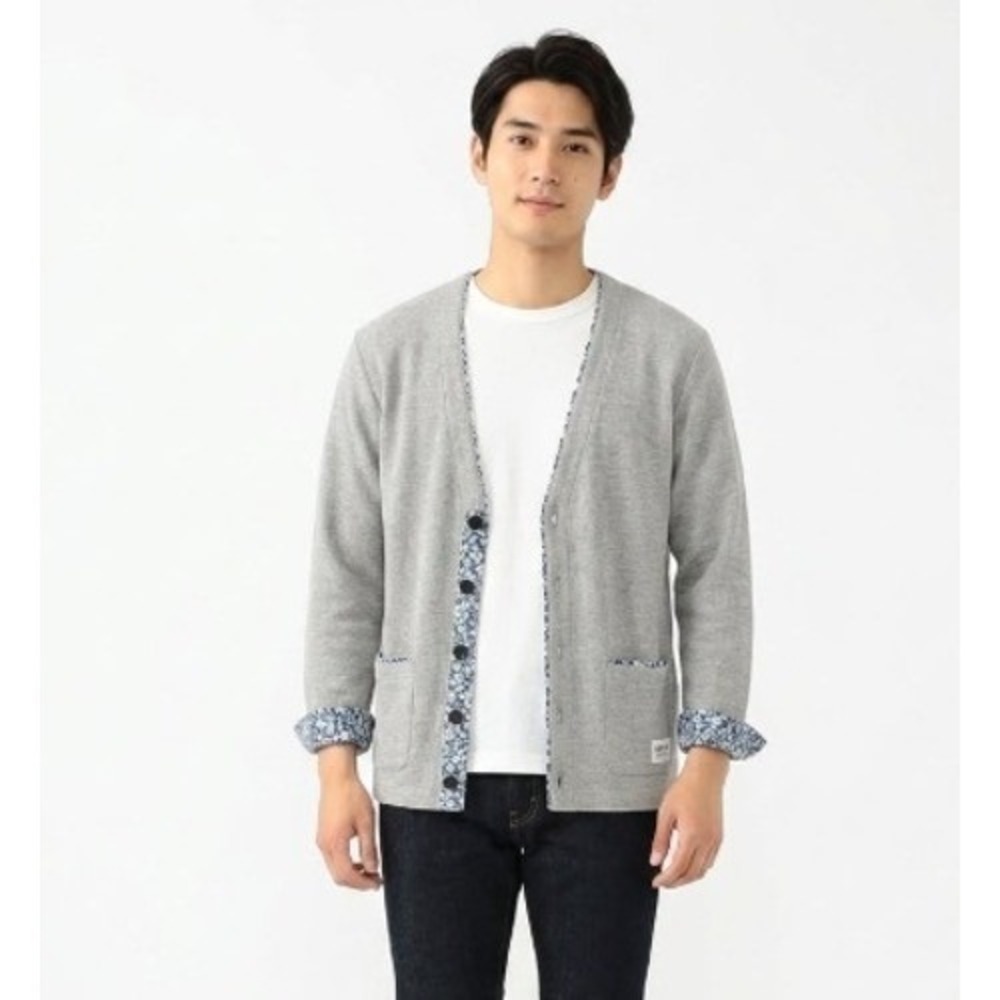 Beams Heart | Mens Grey Ribbed Knit Cardigan Floral Trim Button Up Sweater | M